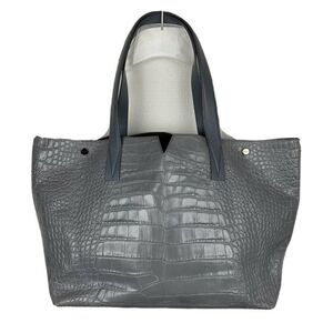 Vince Signature V Croc Embossed Leather Tote Gray